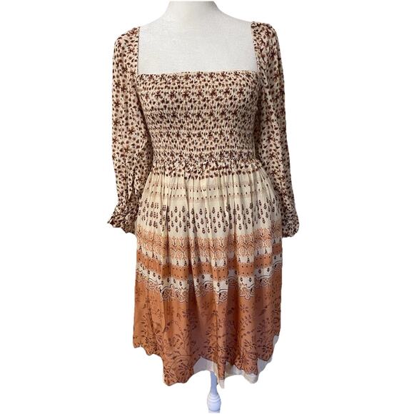 Olivaceous Hippie Boho Smocked Bodice Long Sleeve Mini Dress M NWT - Picture 2 of 7
